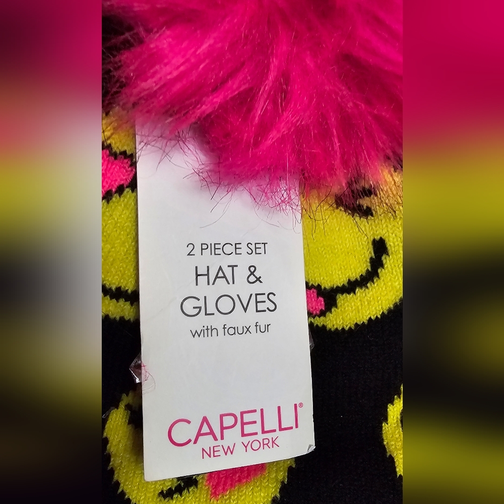 Smile Emoji Beanie & Flip-Top Gloves Set Capelli New York Girls M-L NWT Black